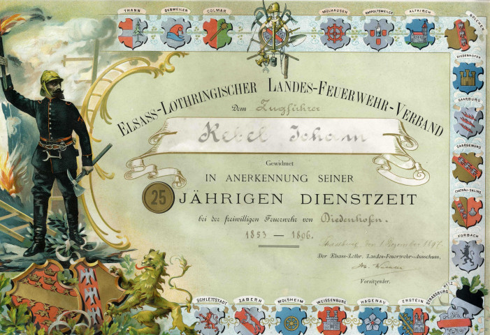 Elsass-Lothringischer Landes-Feuerwehr-Verband dem Zugführer Rebel Johann Gewidnet in anerkennung seiner 25 jährigen Dienstzeit