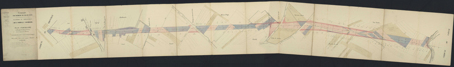 COMPAGNIE DES CHEMINS DE FER DE L'EST. PROLONGEMENT DE L'EMBRANCHEMENT DE METZ A THIONVILLE VERS LUXEMBOURG. PLAN PARCELLAIRE DU CHEMIN DE FER DANS LA TRAVERSÉE DE LA COMMUNE DE MANOM. 