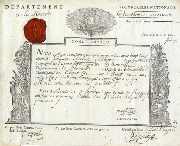 Congé absolu donné à Jacques Leclerc fusilier de la septième compagnie des Volontaires,
