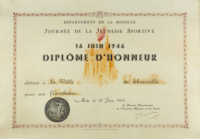 Diplôme d'honneur délivré, en 1946, à la Ville de Thionville pour son flambeau lors de la journée de la jeunesse sportive.
