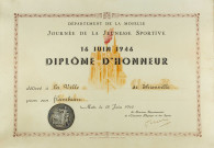 Diplôme d'honneur délivré, en 1946, à la Ville de Thionville pour son flambeau lors de la journée de la jeunesse sportive.