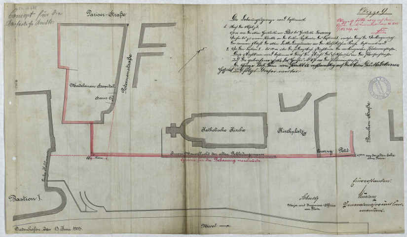 [Limite pour le développement vers la Moselle, église Saint-Maximin, hospice Sainte-Madeleine, rue de la Poterne, rue du Pont]