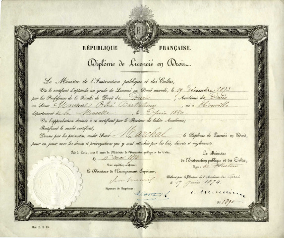 Diplôme de licencié en Droit attribué au sieur Marchal René Barthélemy le 16 mai 1874.