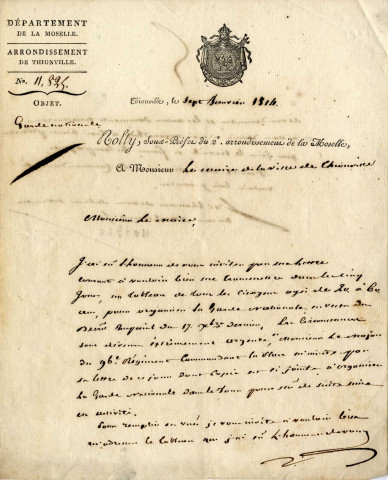Lettre du sous-préfet du 2e arrondissement de la Moselle, Rolly, demandant une liste des individus âgés de 20 à 60 ans pour organiser la Garde Nationale.