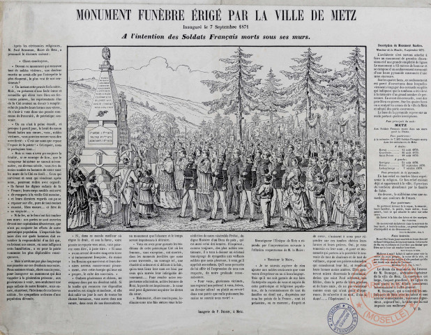 Monument funèbre érigé par la Ville de Metz. Inauguré le 7 septembre 1871. A l'attention des soldats français morts sous ses murs