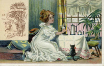 Jeune femme prenant le café et un chat