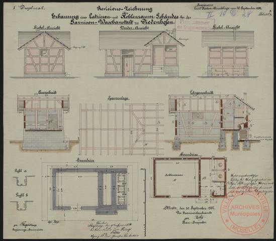 REVISIONS ZEICHNUNG ÜBER ERBAUUNG EINES LATRINES UND KOHLENRAUM GEBÄUDES BEI DER GARNISON WASCHANSTALT ZU DIEDENHOFEN. ZUM REVISIONS KOSTEN-ANSCHLAGE VOM 30 SEPTEMBER 1882. DUPLICAT I. BLATT 7.