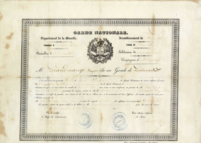 Diplôme de la Garde Nationale décerné à Auguste Grandmange élu au grade lieutenant le 22 décembre 1846