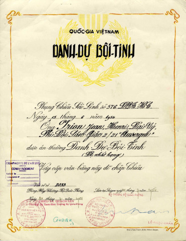 Diplôme militaire vietnamien attribué à Irion Jean Henri en 1954.