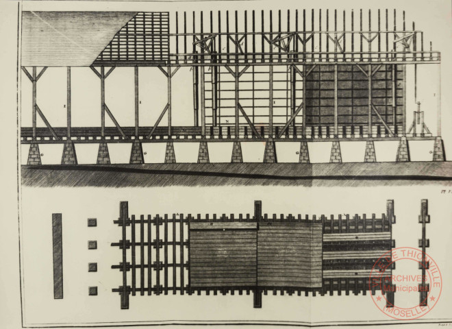 [Minéralogie, Salines. Plan et élévation des bâtiments de graduation pour les salines de Rozières et Dieuze et plateforme supérieure où sont les chenaux qui reçoivent l'eau des pompes]