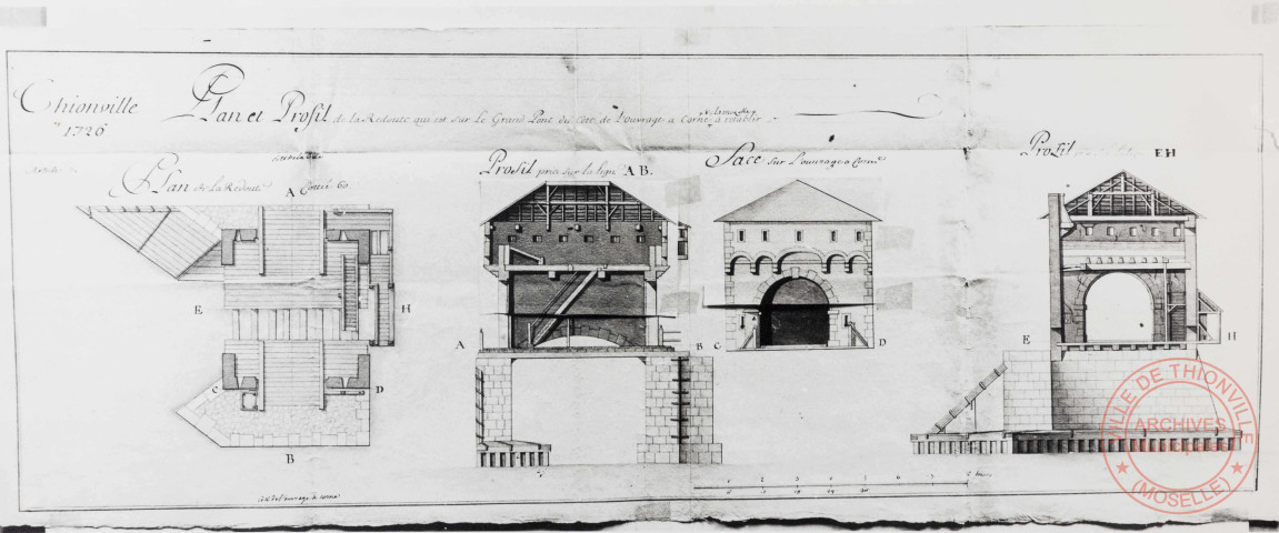 Thionville 1726 - Plan et profil de la redoute qui est sur le grand pont du côté de l'ouvrage à corne à rétablir