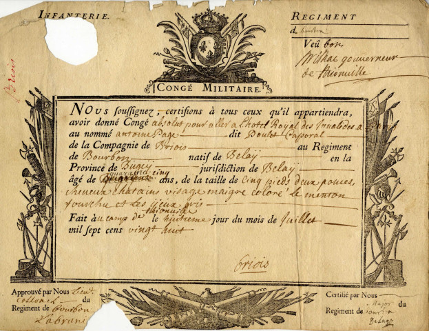 Congé militaire absolu pour aller à l'Hôtel des Invalides accordé à Antoine Page caporal au régiment de Bourbon et fait au camp de Thionville,8 juillet 1728.