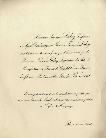 Faire-part de de mariage de l'ingénieur des Arts et Manufactures aux usines de Wendel Jehan Laley avec Marthe Bosment à Paris (1926).