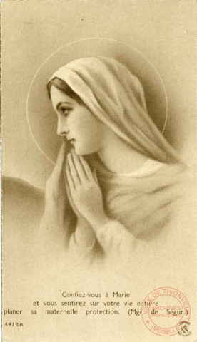 Image pieuse de Marie en souvenir de l'ordination sacerdotale et de la première messe solennelle de Georges Kohler (prêtre) à Algrange, 23-24 juillet 1939