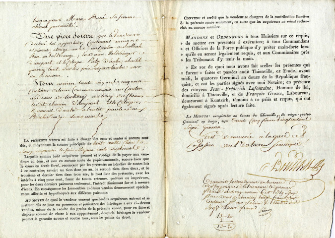 Acte de vente de terres au laboureur François Grosse et Marie Baué son épouse tous deux domiciliés à Beuvange-sous-Saint-Michel.