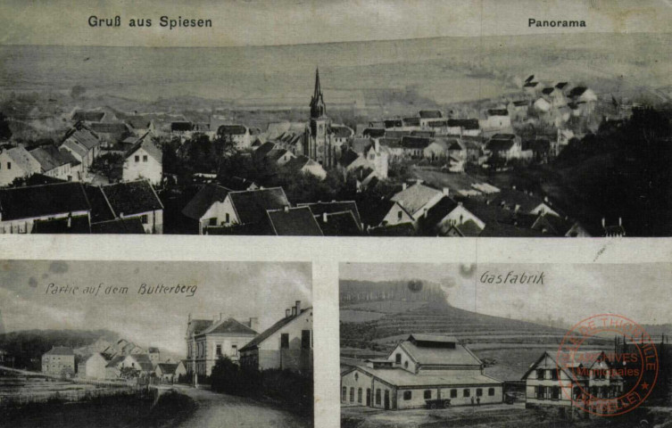 Gruss aus Spiesen. Panorama, Gasfabrik, Partie auf dem Butterberg.