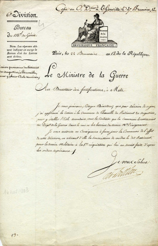 Lettre du ministre de la Guerre au Directeur des Fortifications de Metz annonçant la cession provisoire du bâtiment des Augustins pour y établir l'école secondaire, papier, manuscrit, encre, 14 novembre 1803 (22 brumaire an 12).