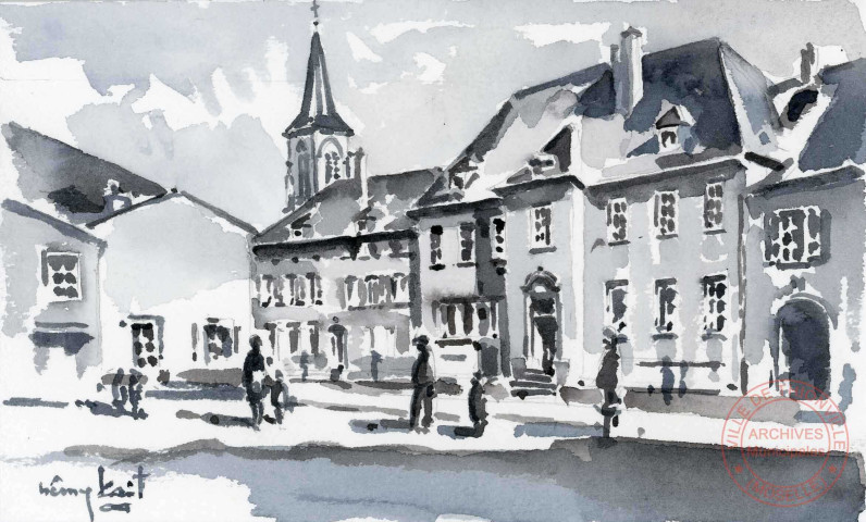 [Aquarelle de Rémy Kail représentant la Grand Rue de Manom, avec l'école, l'Hôtel de Ville et l'église]