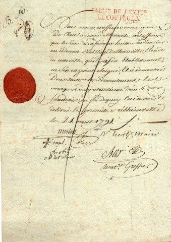 Certificat de résidence et de patriotisme signé Merlin, Probst, Hentz et Bar concernant le sieur Lafontaine huissier du bailliage de Thionville,