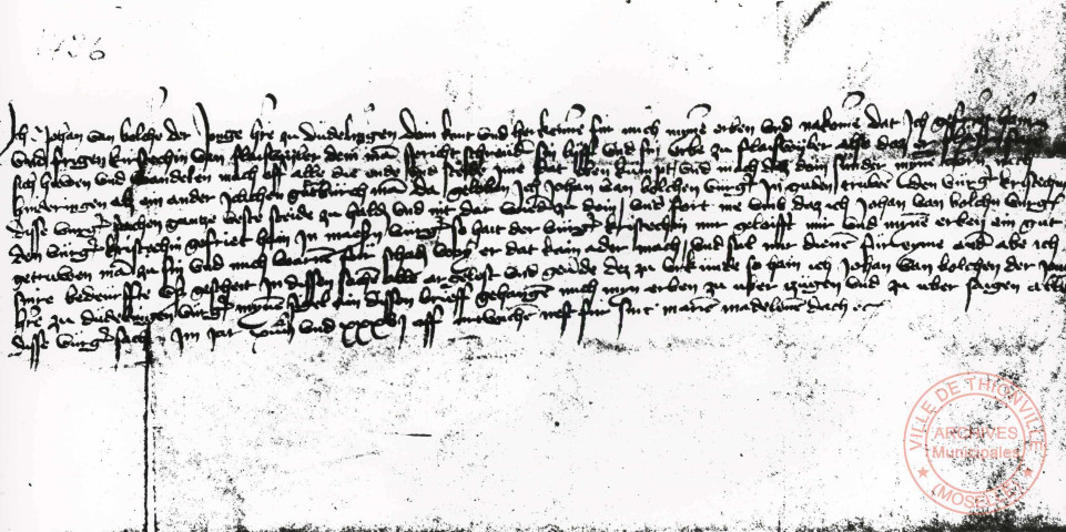 [1436, mercredi avant la fête de Marie-Madeleine (18 juillet). Jean de Bolcjen le Jeune, seigneur de Dudelange, affranchit Kritechin de Flaisweiler qu'on dit « schreüd » celui-ci promet de servir fidèlement]