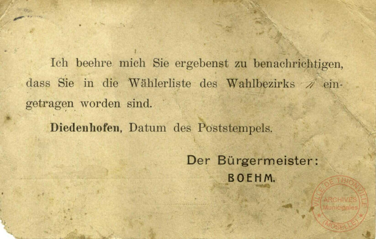 [Bulletin d'inscription sur la liste électorale envoyé par le maire Boehm en 1906]