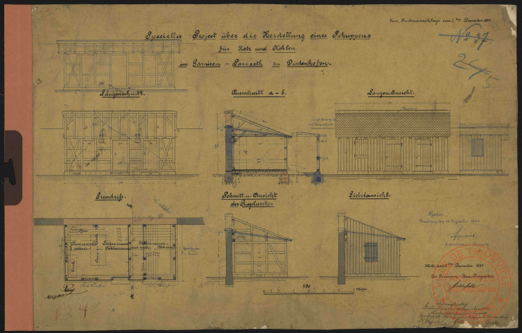 PROJECT ÜBER DIE HERSTELLUNG EINES SCHUPPENS FÜR HOLZ UND KOHLEN IM GARNISON LAZARETT ZU DIEDENHOFEN.