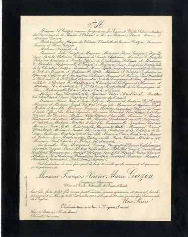 Faire-part de décès de François Xavier Marie Gazin, ingénieur agronome, élève à l'Ecole Nationale des Eaux et Forêts décédé à Nancy (1913)