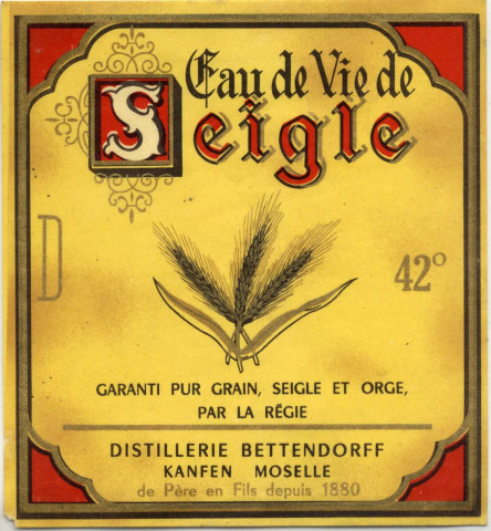 Etiquettes pour bouteilles d'alcool (rhum, eau de vie) provenant de la Distillerie Bettendorf Nicolas de Kanfen.