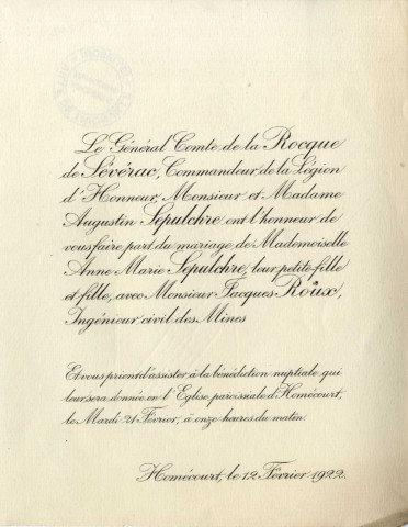 Faire-part de de mariage de Jacques Roux, ingénieur civil des mines, avec Anne Marie Sepulchre à Homécourt (1922).