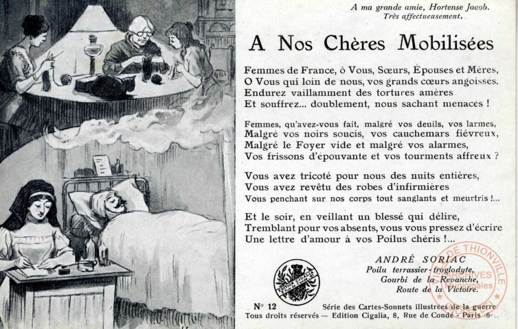 Cartes postales - Sonnets illustrés de la Guerre 1914-1915- Albert 1er, roi de l'honneur- A nos chères mobilisées,- A nos villages,- A nos grands disparus,- Son pinson,- Premières violettes,- L'assaut,- Leur victime,- Les pauvres cochons boches,- Le cuistot