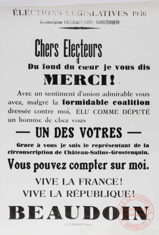 [Affiches des élections législatives du 26 avril 1936 pour la circonscription de Château-Salins - Grostenquin]