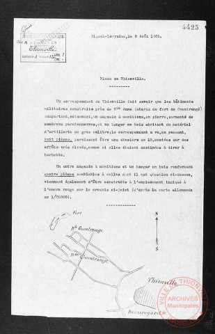 Exposition sur les fortifications à Thionville en 1970 par Georges Martig - Courrier dénonçant les armes et équipements allemands à proximité du fort de Guentrange en 1905