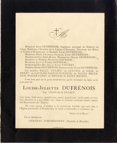 Faire-part de décès de Louise-Juliette Dufrénois née Troivaux-Dulieu décédée à Homécourt (1921).