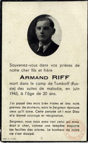 [Avis mortuaire de M. Armand RIFF, décédé dans un camp de prisonnier en Russie en juin 1945 à l'âge de 20 ans]