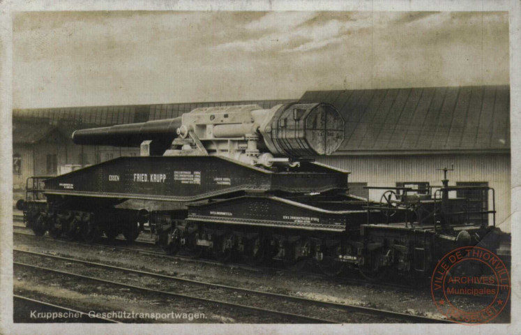 Kruppscher Geschütztransportwagen. Eigengewicht 53100 Kg, Tragfähigkeit 100000kg, Spurweite 1435 mm.