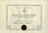 Diplôme attribué au Folklore Lorrain de Thionville lors de la Foire-Exposition organisée par l'Association des Commerçants du 11 au 21 septembre 1948.