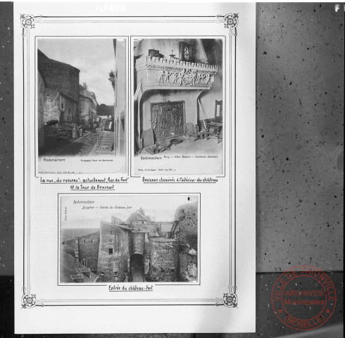 Exposition sur les fortifications à Thionville en 1970 par Georges Martig - Rodemack, tour de Boncourt, ancienne cheminée et l'entrée du château fort
