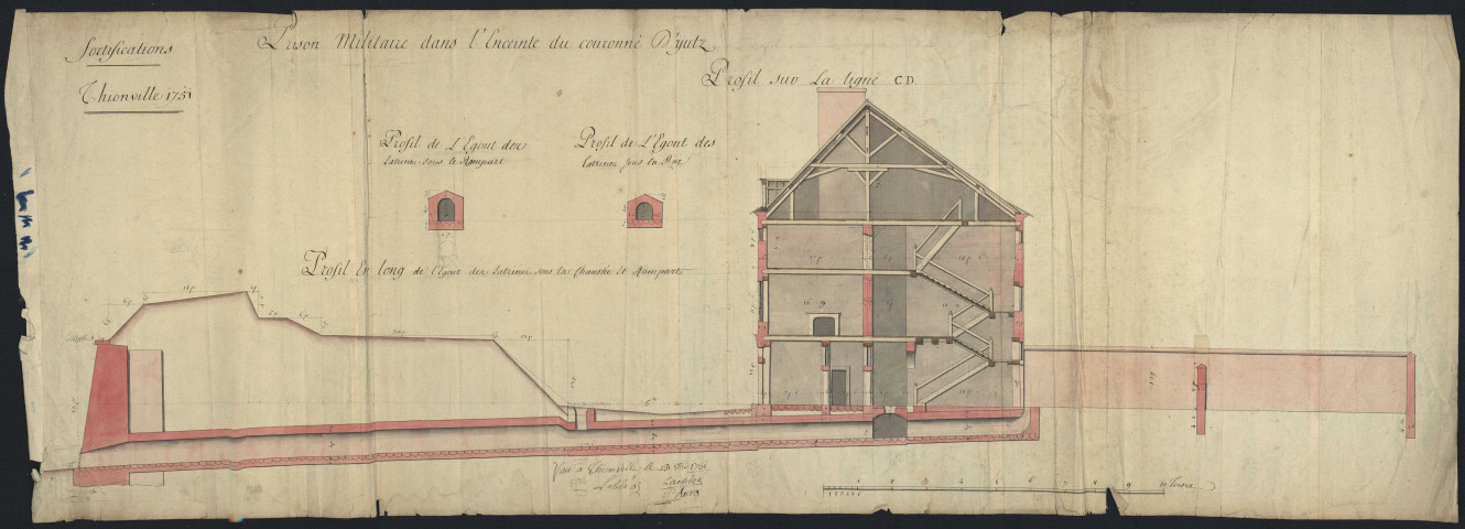 FORTIFICATION. THIONVILLE 1751. PRISON MILITAIRE DANS L'ENCEINTE DU COURONNE D'YUTZ