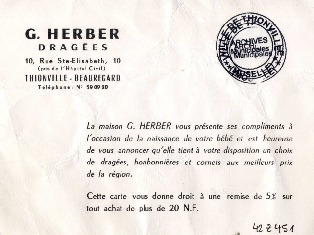 Carte de la maison des dragées G. Herber située rue Sainte-Elisabeth (1960)