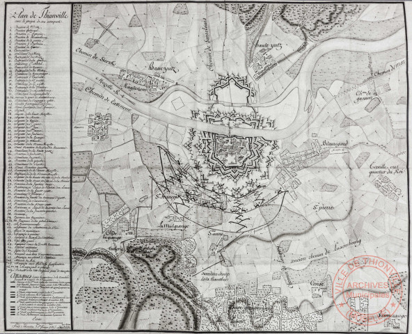 Plan de Thionville avec le projet de ses attaques.