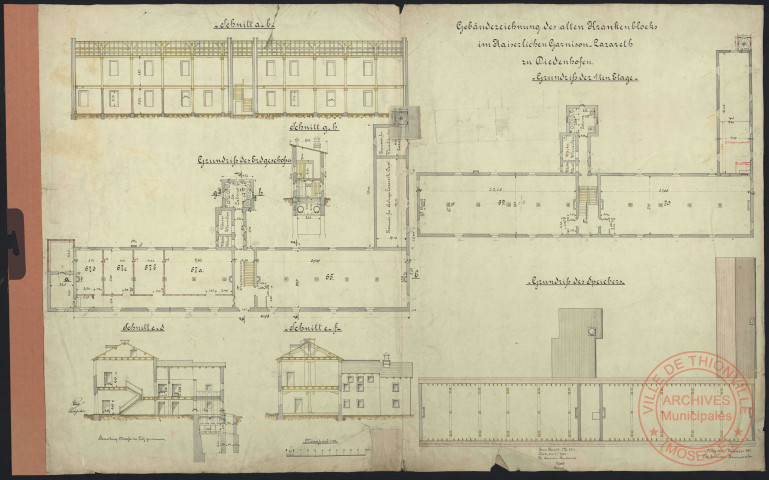 GEBÄUDEZEICHNUNG DES ALTEN KRANKENBLOCK IM KAISERLICHEN GARNISON LAZARETH ZU DIEDENHOFEN.
