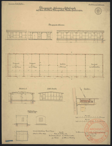 ÜBUNGSGERÄT SCHUPPEN U. FELDSCHNIEDE AUF DEM ARTILLERIE ÜBUNGSPLATZ NIEDER-GENTRINGEN.