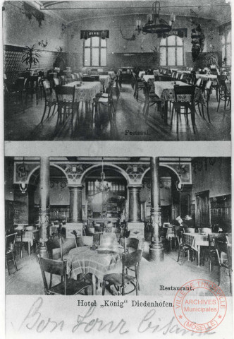 [Hôtel "König", salle des fêtes et restaurant au 9 Kaiser Karlstrasse (actuellement avenue Albert 1er). Franck Karl est le directeur général]