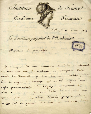 Lettre de remerciement du Secrétaire perpétuel de l'Académie Française, Raynouard, à M. le sous-préfet de Thionville Teissier pour son envoi d'un exemplaire de la Charte de Thionville dont il a apprécié la grammaire et la langue.