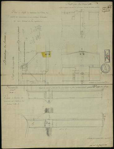 THIONVILLE 1762 POUR 1763 ARTICLE 3, PLAN, PROFILS ET ELEVATION AU SIMPLE TRAIT ET COTES DU BATARDEAU QUI FERME LE FOSSE DU BASTION I POUR FAIRE VOIR LE DETAIL DE L'AQUEDUC QUI Y A ETE PRATIQUE. Carton n°4. 6ème Liasse. 10ème Pièce