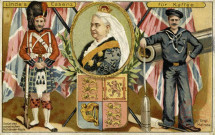 Soldats écossais, la Reine Victoria et marin anglais