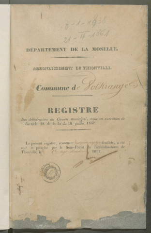 Registre de délibérations (7 janvier 1838 - 21 avril 1861)