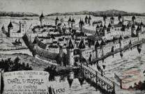 Vue à vol d'oiseau de la ville de Châtel s/Moselle et du Château (1580) d'aprés un plan de la bibliothèque nationale. Fin du XVIe siècle