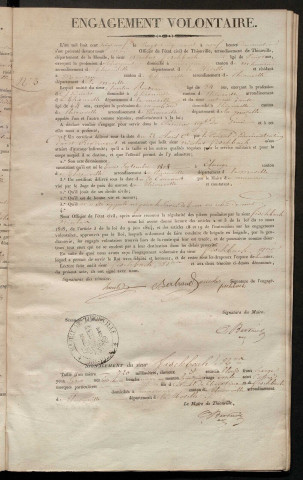 RECRUTEMENT DE L'ARMEE.- Enrôlement volontaire : registre d'actes d'engagement nominatifs et signalétiques (1822-1831)