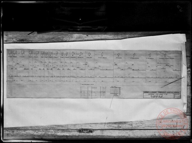 Reproduction d'un plan : aciérie de Longwy-Thionville service des laminoirs, laminage d'un lingot C-45 en bloom 250, étude des temps 1949